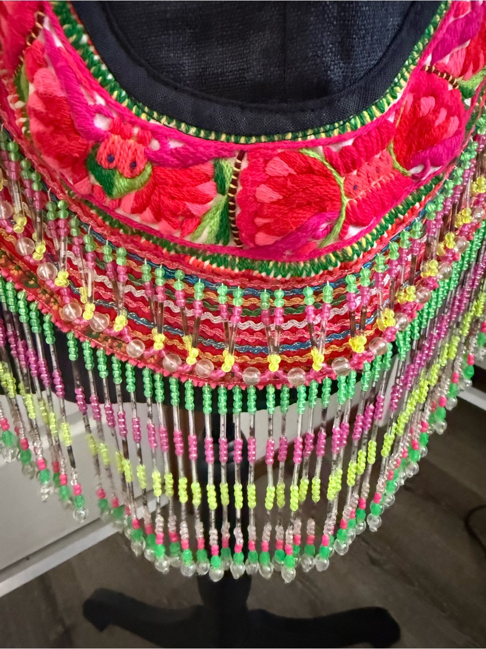 Vintage Handmade Hmong Beaded Fringe Tote Bag Embroidered Boho Ethnic Large - Picture 5 of 8